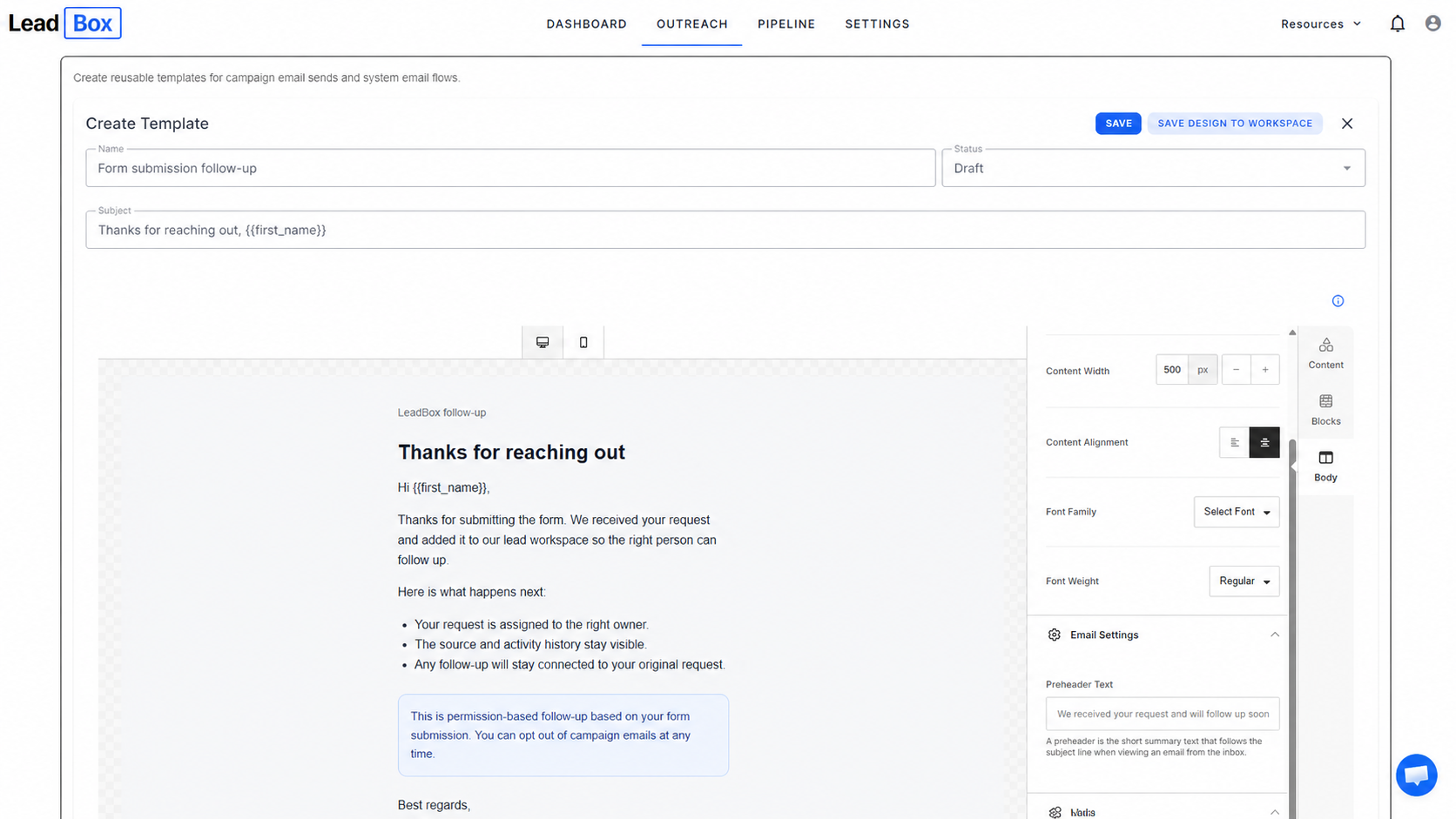 LeadBox email editor showing a permission-based follow-up email template.