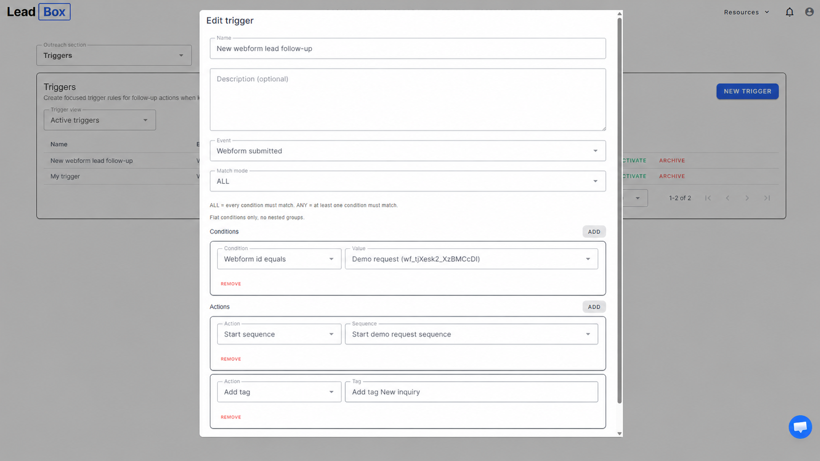 LeadBox trigger editor showing a webform submission trigger and follow-up actions.